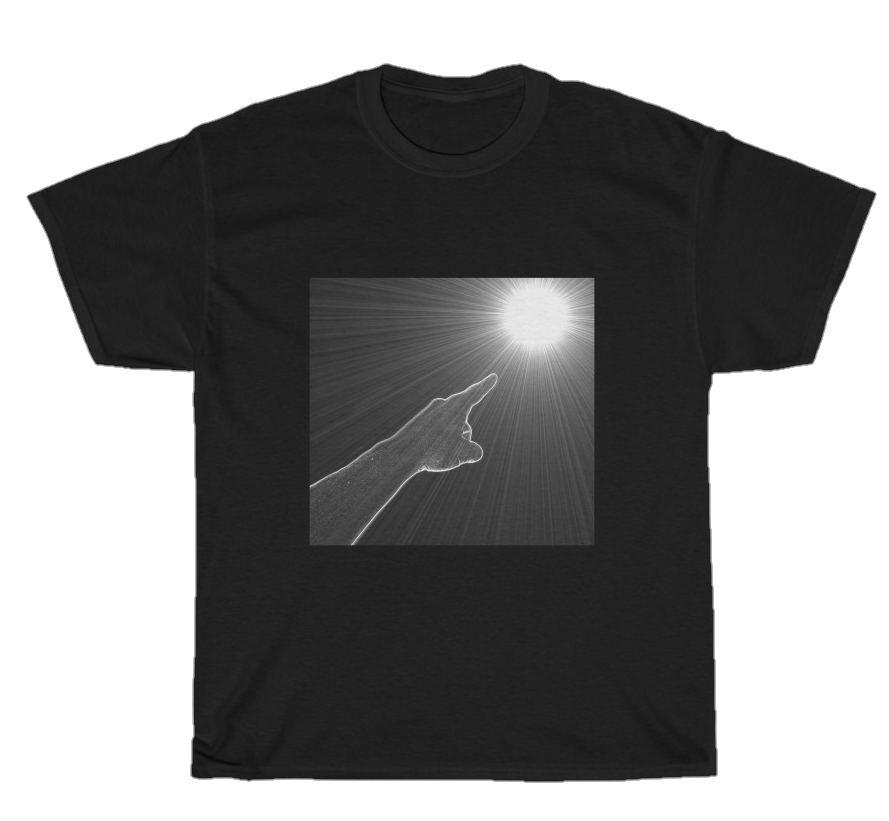 Finger pointing to the light tee shirt